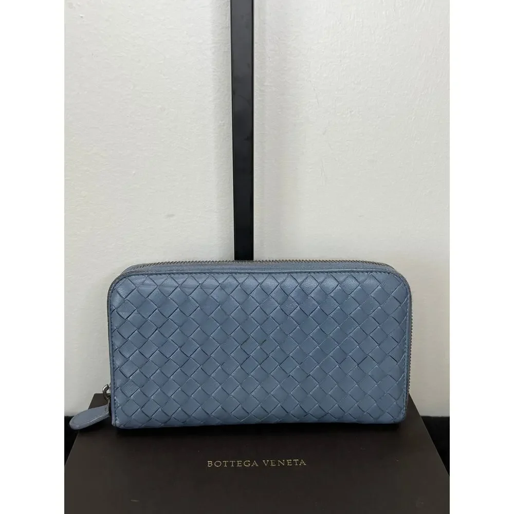 Bottega Veneta Intrecciato Blue Zip Around Wallet Box Dust Bag